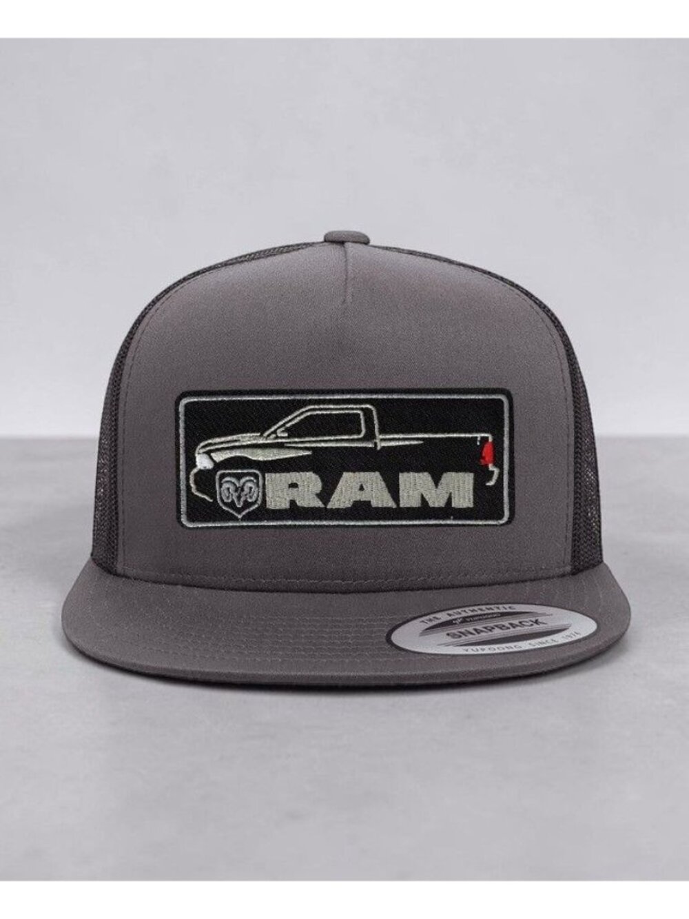 Dodge Ram Truck Patch on YP Flat Bill Trucker Hat Mesh Back Snapback charcoal/bl